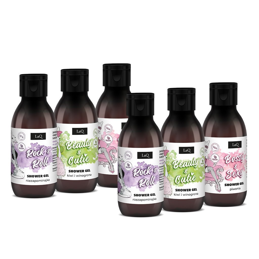 LaQ mini dušo gelių rinkinys moterims – bijūnų, kivių ir vynuogių bei neužmirštuolių, 6 × 100 ml