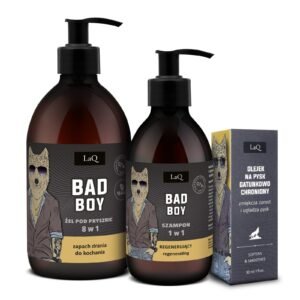LaQ BAD BOY dovanų rinkinys vyrams – dušo gelis 500 ml, šampūnas 300 ml ir barzdos aliejus 30 ml