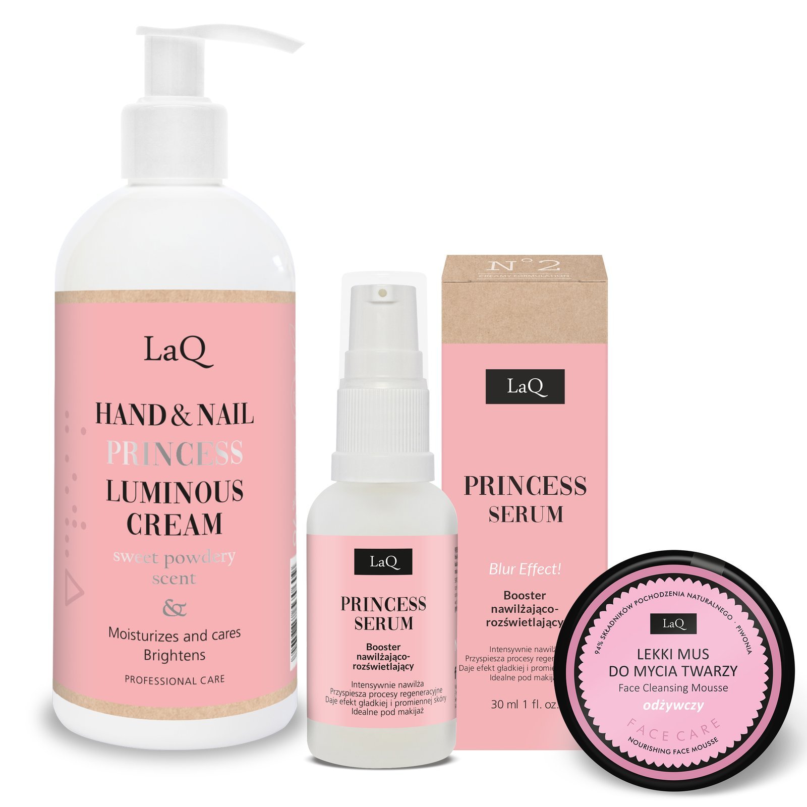 LaQ PRINCESS dovanų rinkinys moterims – rankų kremas 300 ml, serumas 30 ml ir veido putos 40 g