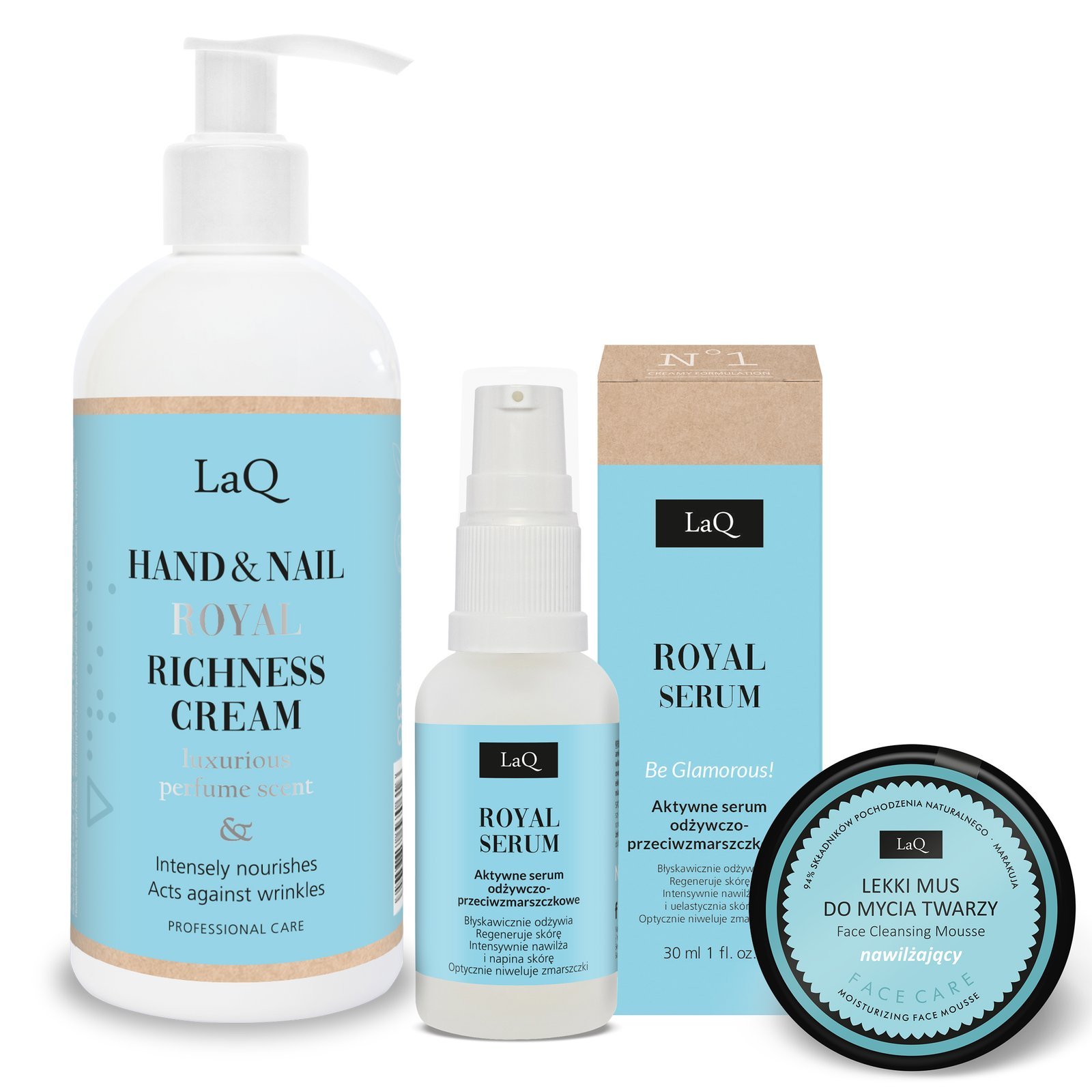 LaQ ROYAL dovanų rinkinys moterims – rankų kremas 300 ml, serumas 30 ml ir veido putos 40 g