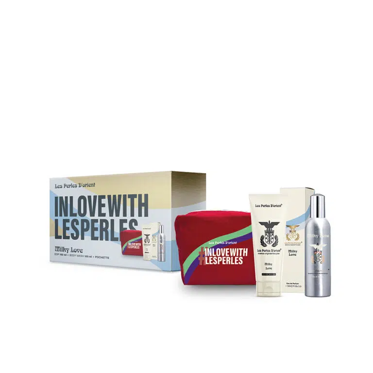 LES PERLES D’ORIENT kvepalų rinkinys moterims MILKY LOVE EDP 150 ml + dušo gelis 100 ml + kosmetinė