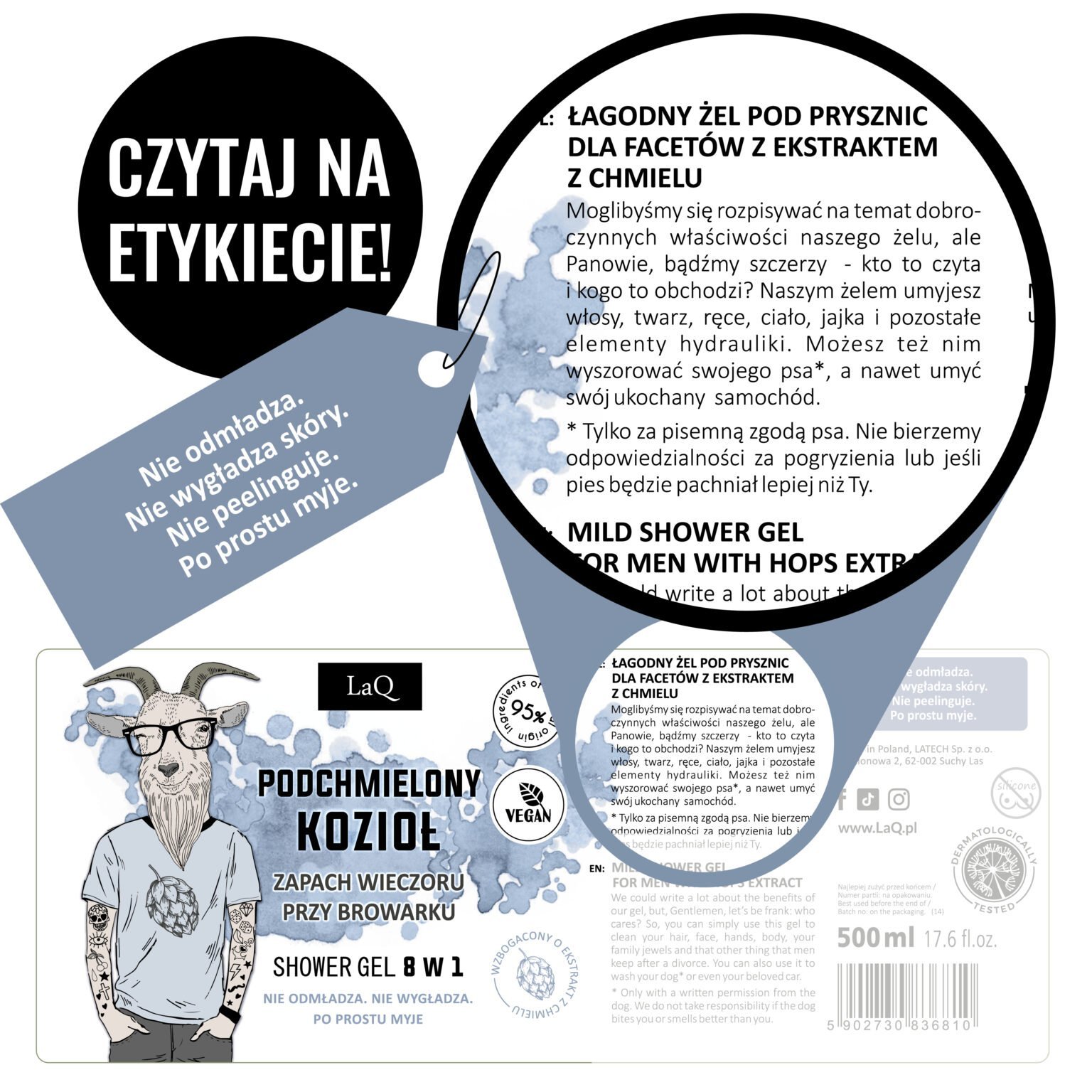 LaQ Dušo gelis 8in1 PODCHMIELONY KOZIOŁ – Įkaušęs ožys, nuotaiką kelia, 500ml
