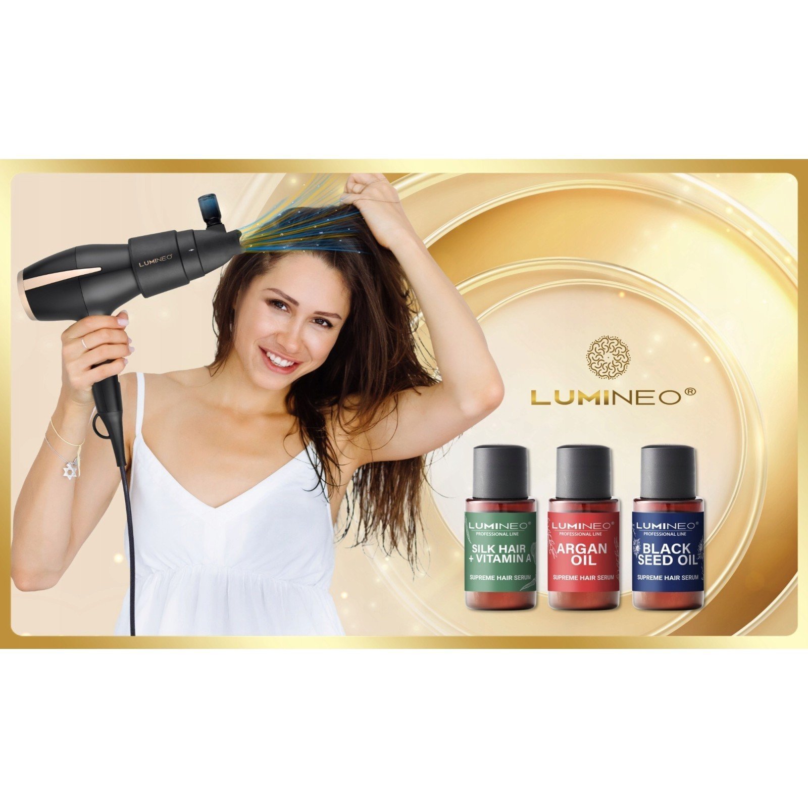 Lumineo SILKEN FLOW plaukų džiovintuvas su serumo rinkiniu