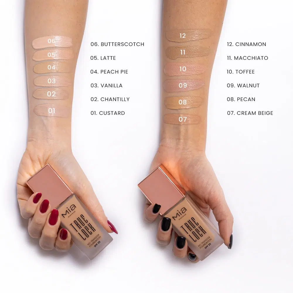 MIA MAKEUP ilgai išliekantis makiažo pagdas su SPF25 TRUE LOCK NO TRANSFER FOUNDATION 02 CHANTILLY, 35 ml