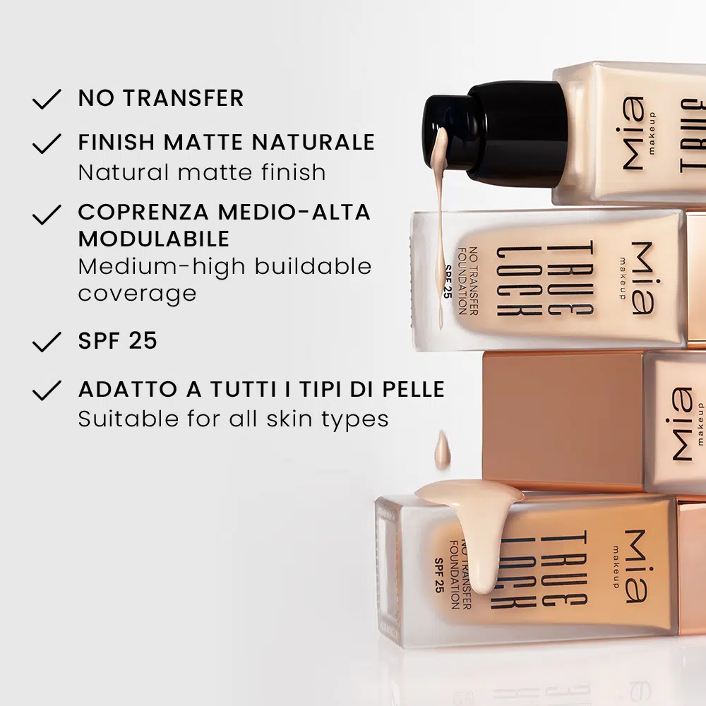 MIA MAKEUP ilgai išliekantis makiažo pagdas su SPF25 TRUE LOCK NO TRANSFER FOUNDATION 02 CHANTILLY, 35 ml